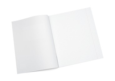 Photo of One open copybook isolated on white, top view. School stationery