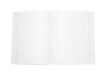 Photo of One open copybook isolated on white, top view. School stationery