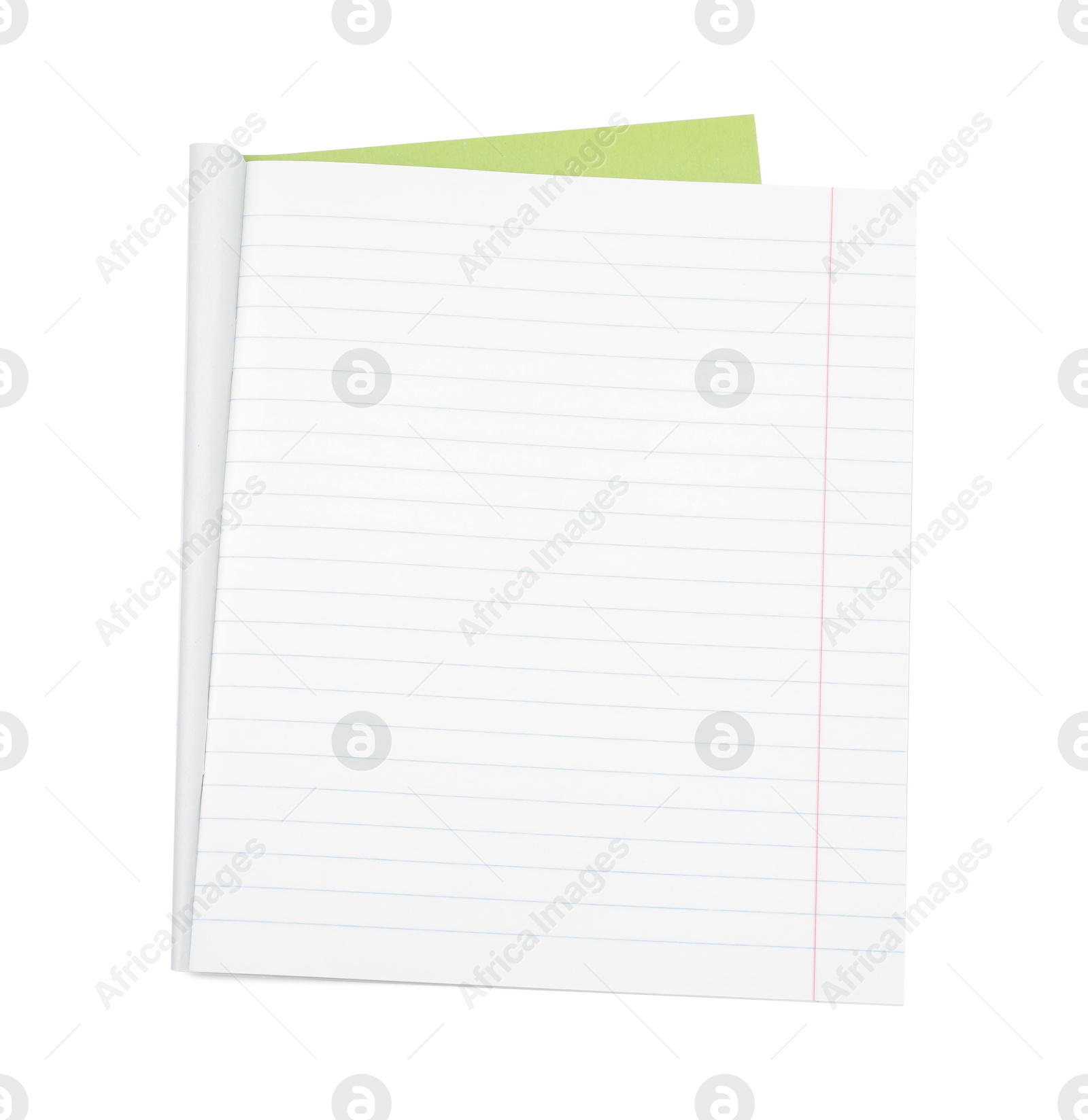 Photo of One open copybook isolated on white, top view. School stationery