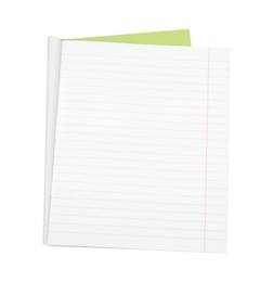 Photo of One open copybook isolated on white, top view. School stationery