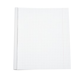 Photo of One open copybook isolated on white, top view. School stationery