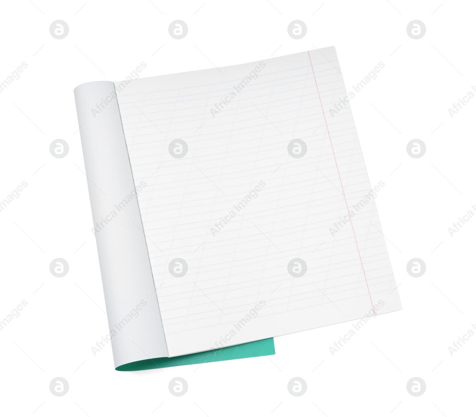 Photo of One open copybook isolated on white, top view. School stationery