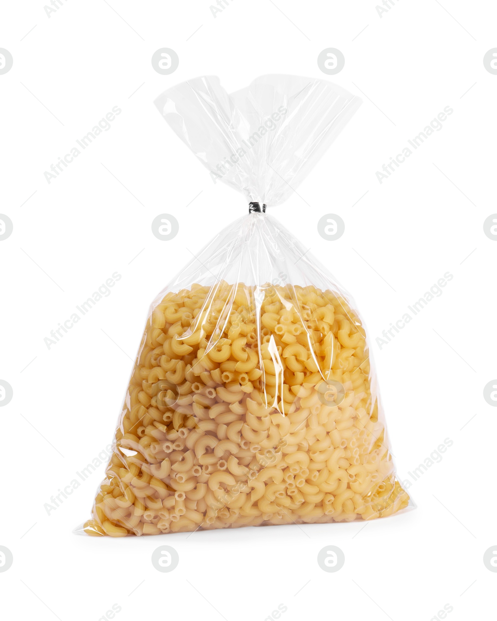 Photo of Plastic bag with pasta isolated on white