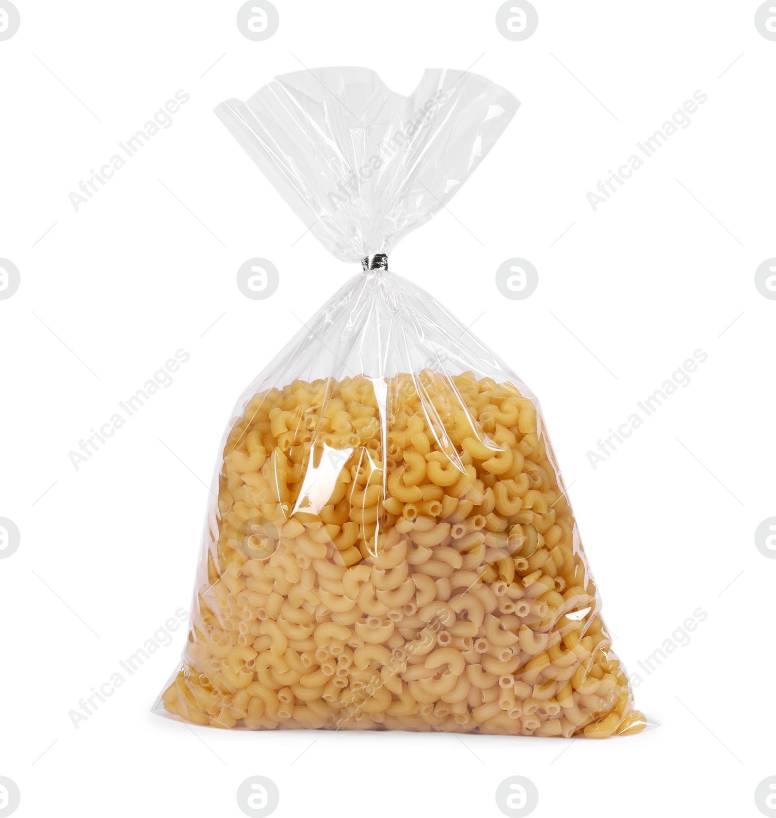 Photo of Plastic bag with pasta isolated on white