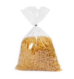 Photo of Plastic bag with pasta isolated on white