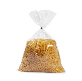 Photo of Plastic bag with pasta isolated on white