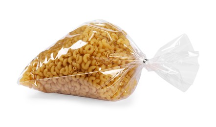 Photo of Plastic bag with pasta isolated on white