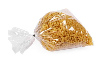 Photo of Plastic bag with pasta isolated on white