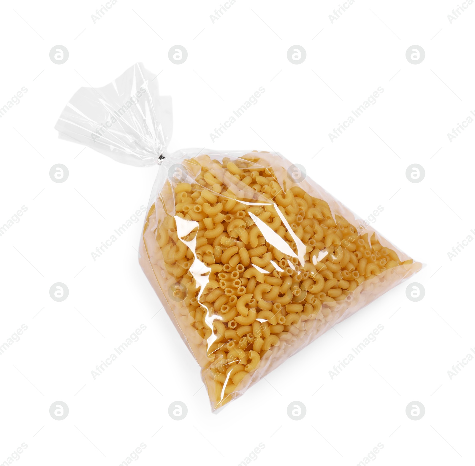 Photo of Plastic bag with pasta isolated on white