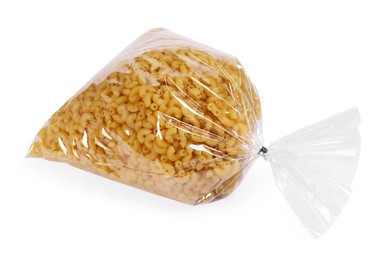 Photo of Plastic bag with pasta isolated on white