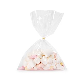 Photo of Plastic bag with marshmallows isolated on white