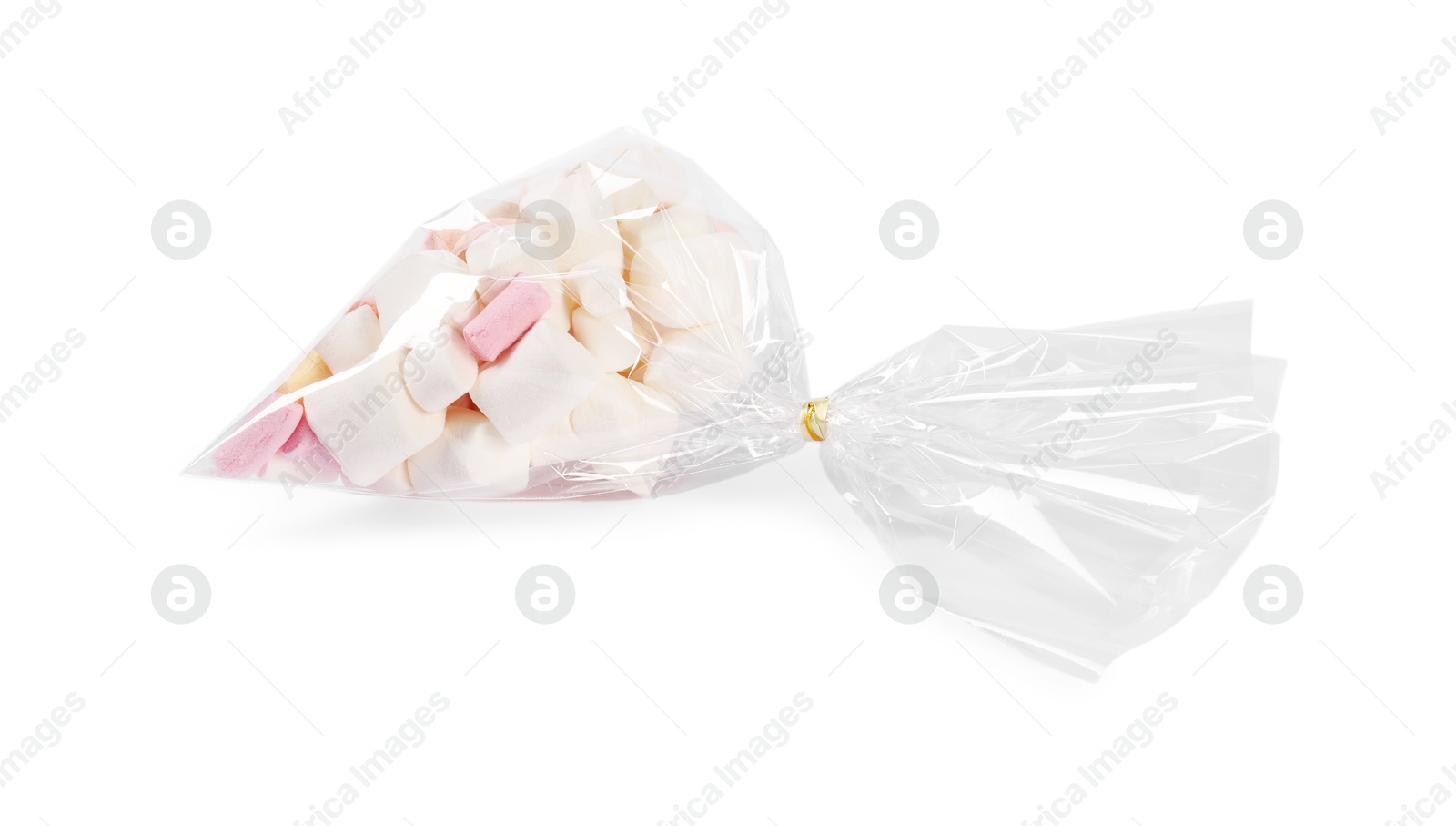 Photo of Plastic bag with marshmallows isolated on white