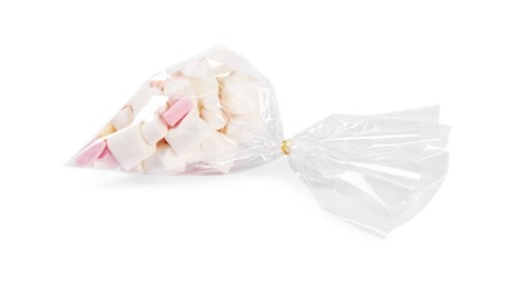 Photo of Plastic bag with marshmallows isolated on white