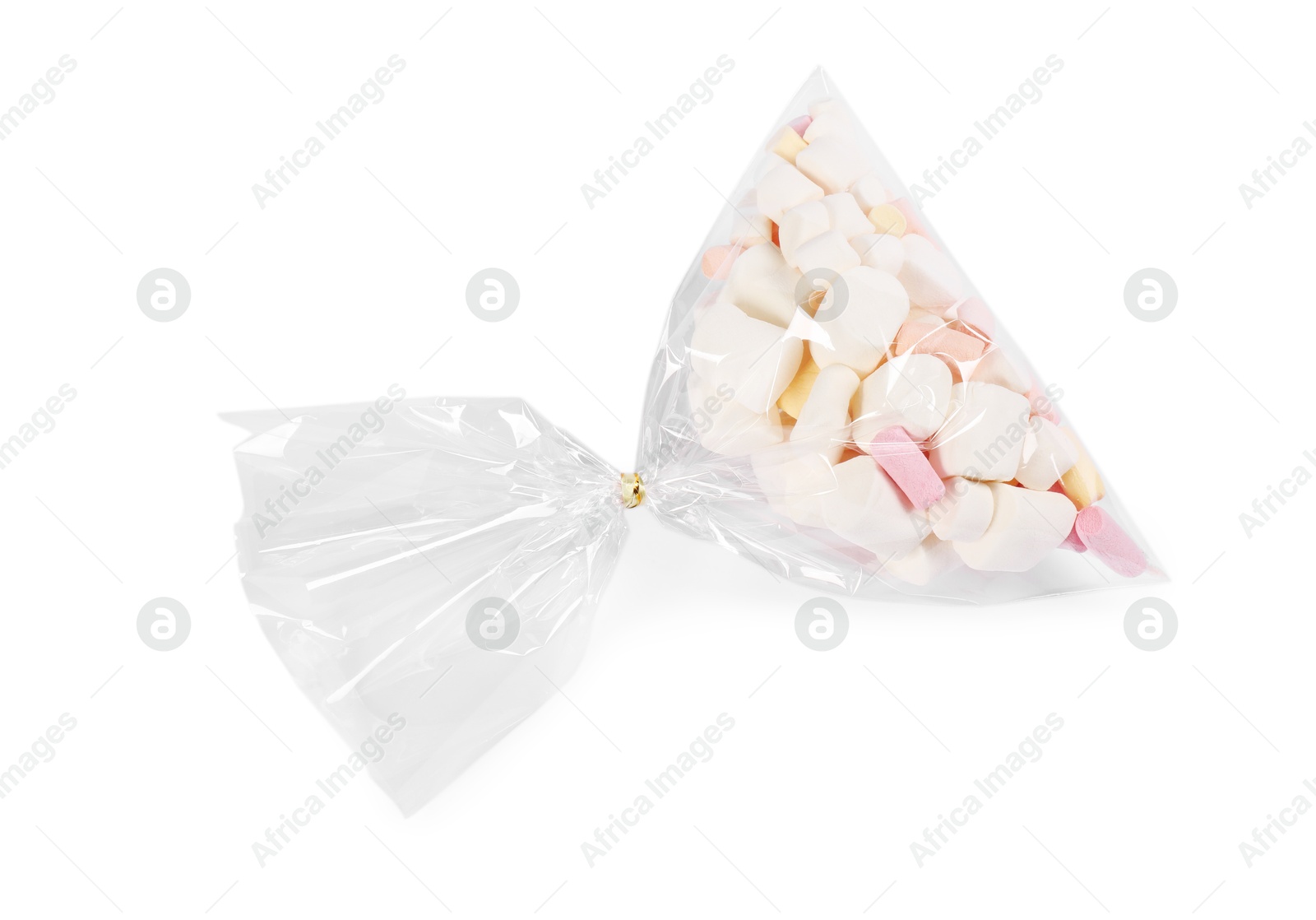 Photo of Plastic bag with marshmallows isolated on white