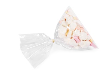 Photo of Plastic bag with marshmallows isolated on white