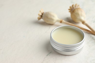 Photo of Natural solid perfume in container and plant on white table, closeup. Space for text