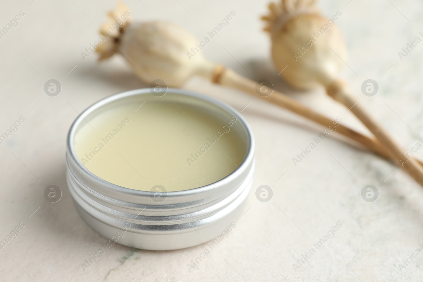 Photo of Natural solid perfume in container and plant on white table, closeup. Space for text