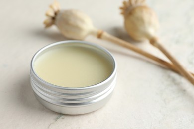 Photo of Natural solid perfume in container and plant on white table, closeup. Space for text