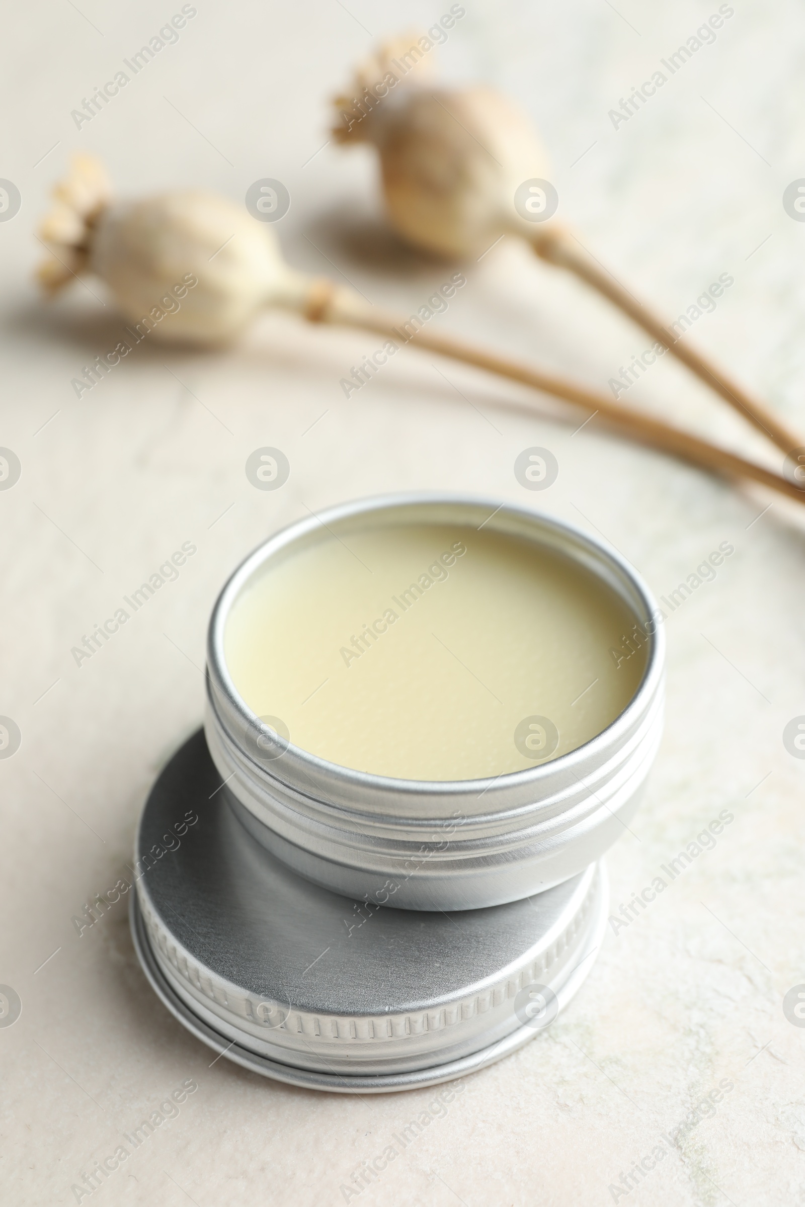 Photo of Natural solid perfume in container and plant on white table, closeup