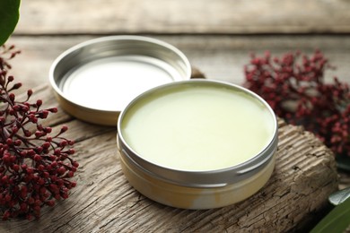 Photo of Natural solid perfume and skimmia plant on table, closeup