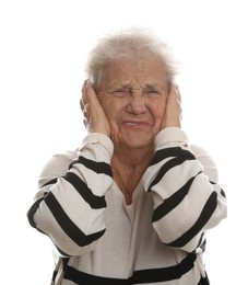 Photo of Senior woman covering her ears on white background