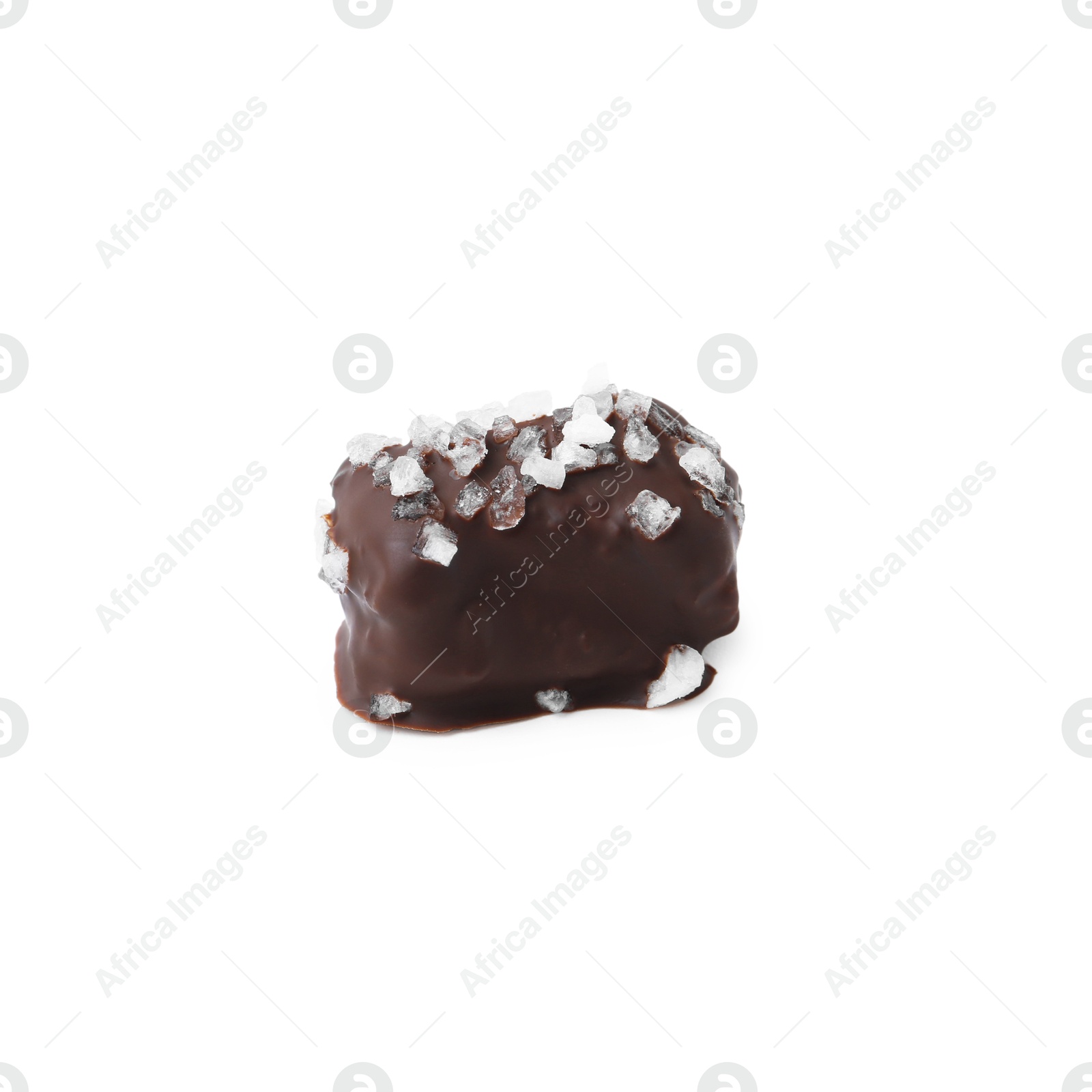 Photo of One tasty chocolate candy with salt isolated on white