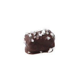 Photo of One tasty chocolate candy with salt isolated on white