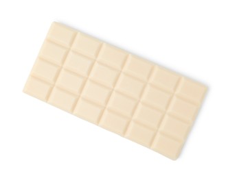 Photo of Delicious white chocolate bar isolated on white, top view