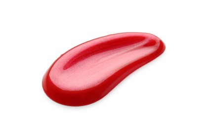 Photo of Red lip gloss isolated on white, top view. Sample of cosmetic product