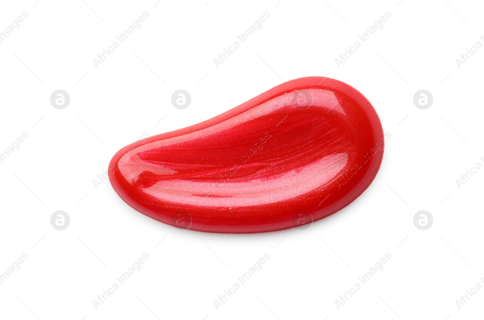 Photo of Red lip gloss isolated on white, top view. Sample of cosmetic product