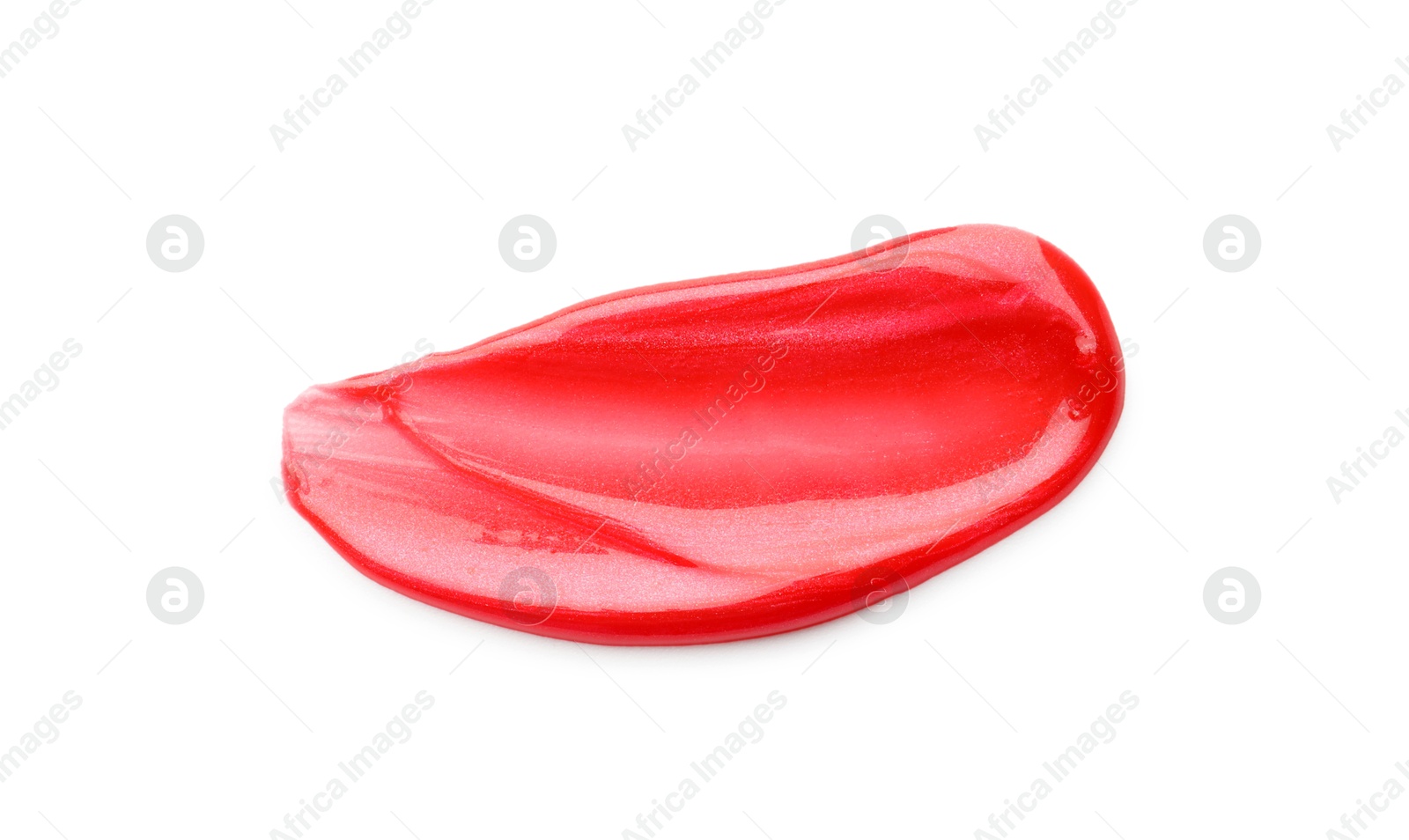 Photo of Red lip gloss isolated on white, top view. Sample of cosmetic product