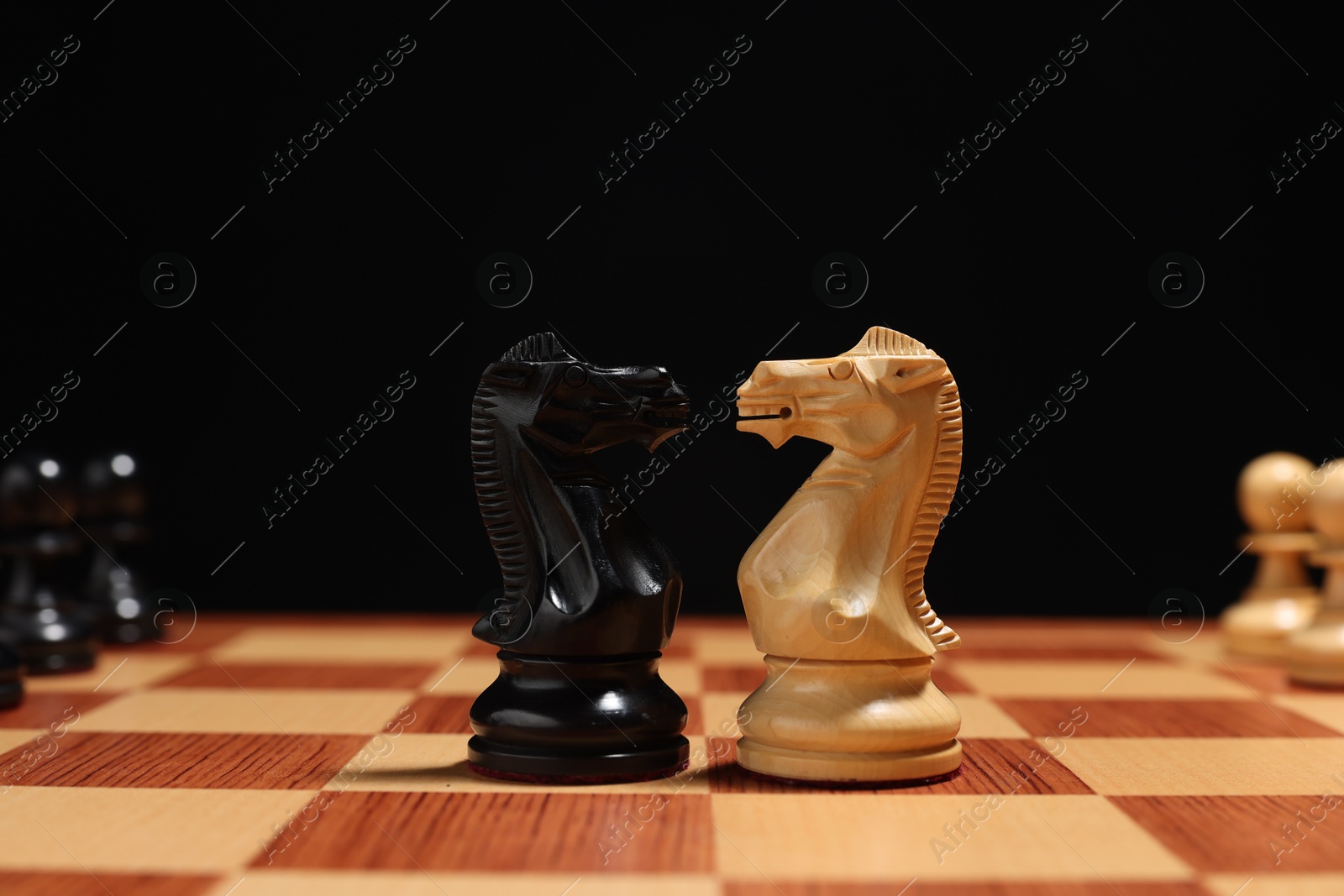 Photo of Black and white knights near other chess pieces on chessboard, closeup. Competition concept