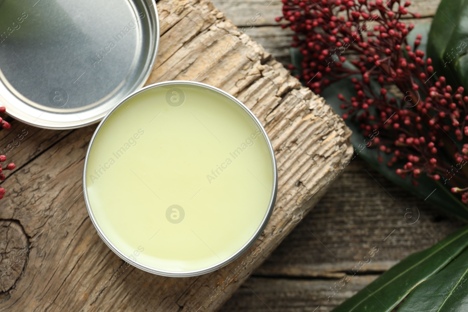 Photo of Natural solid perfume and skimmia plant on wooden table, flat lay