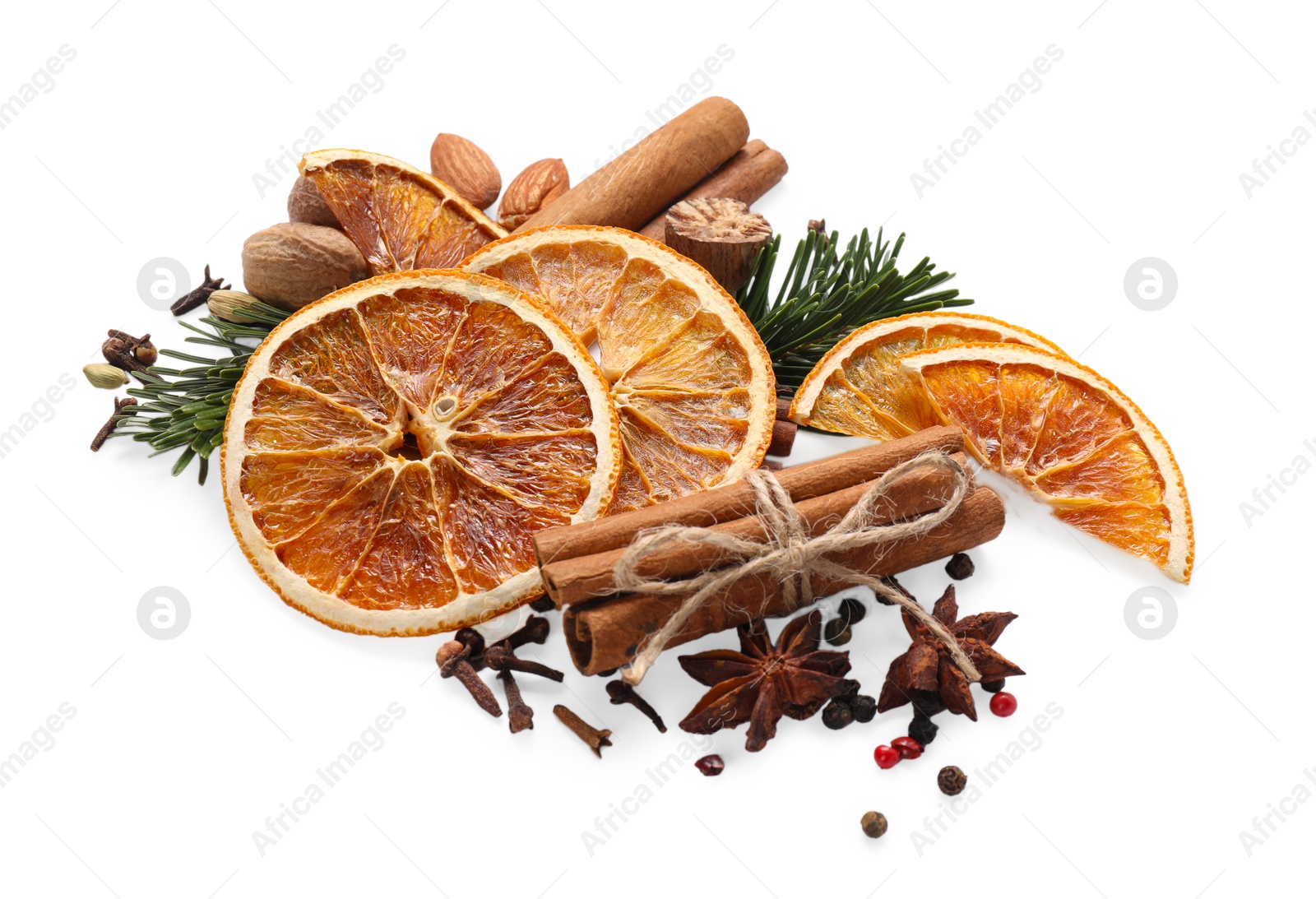 Photo of Different aromatic spices isolated on white. Christmas season