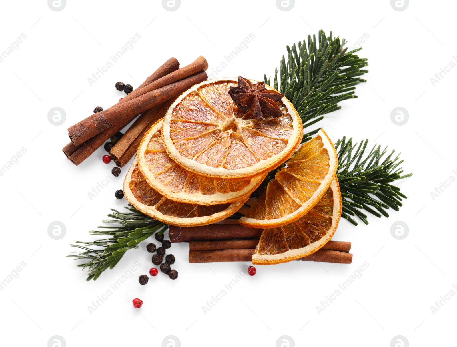 Photo of Different aromatic spices isolated on white. Christmas season