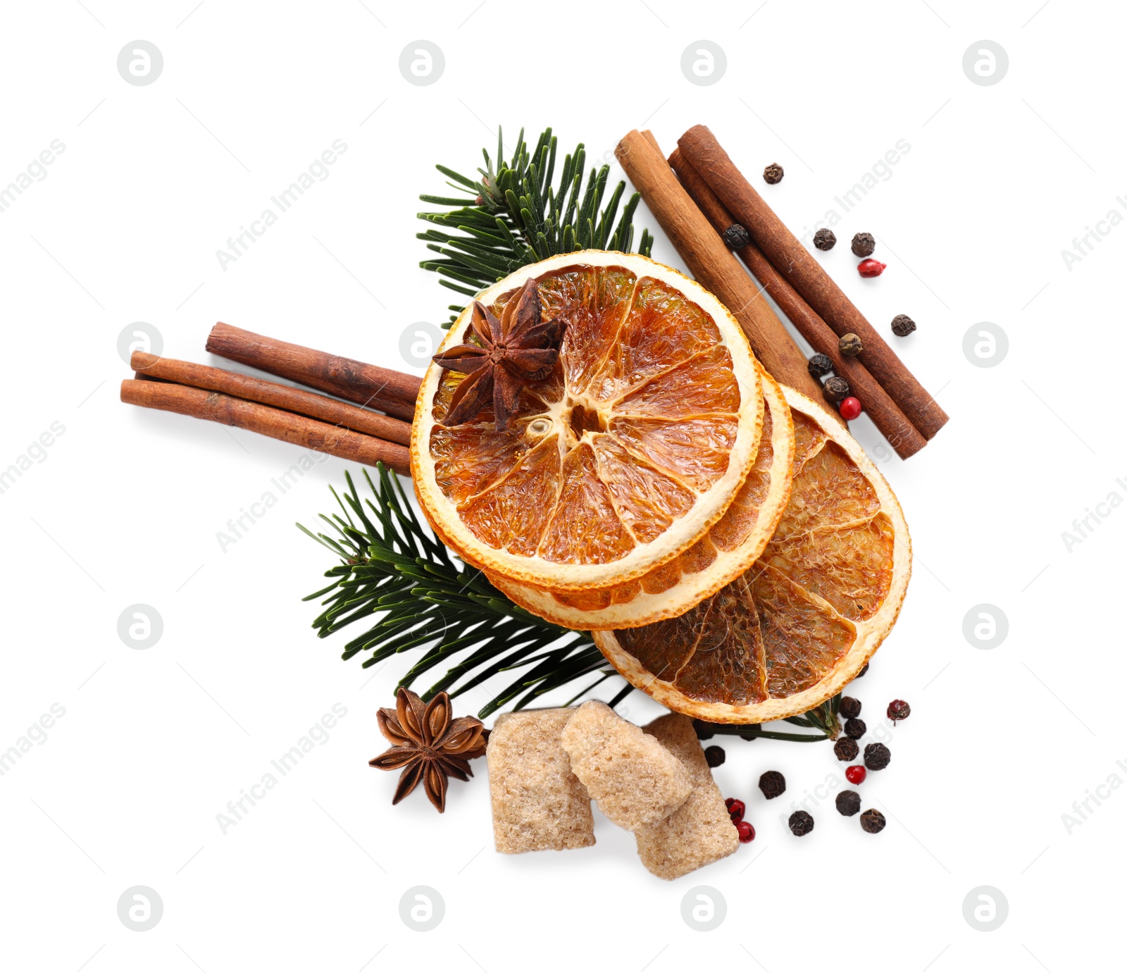 Photo of Different aromatic spices isolated on white, top view. Christmas season