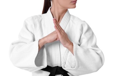 Photo of Karate fighter in kimono isolated on white, closeup