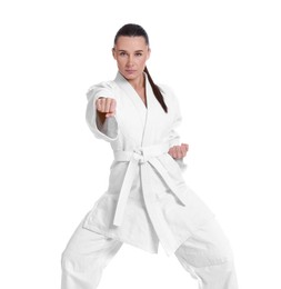 Photo of Karate fighter in kimono isolated on white