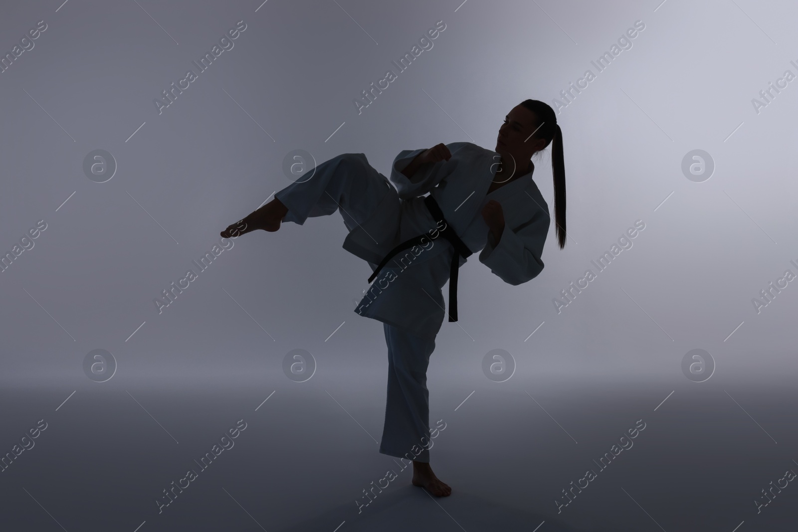 Photo of Silhouette of woman in kimono practicing karate on light background