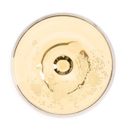 Photo of Champagne in glass isolated on white, top view