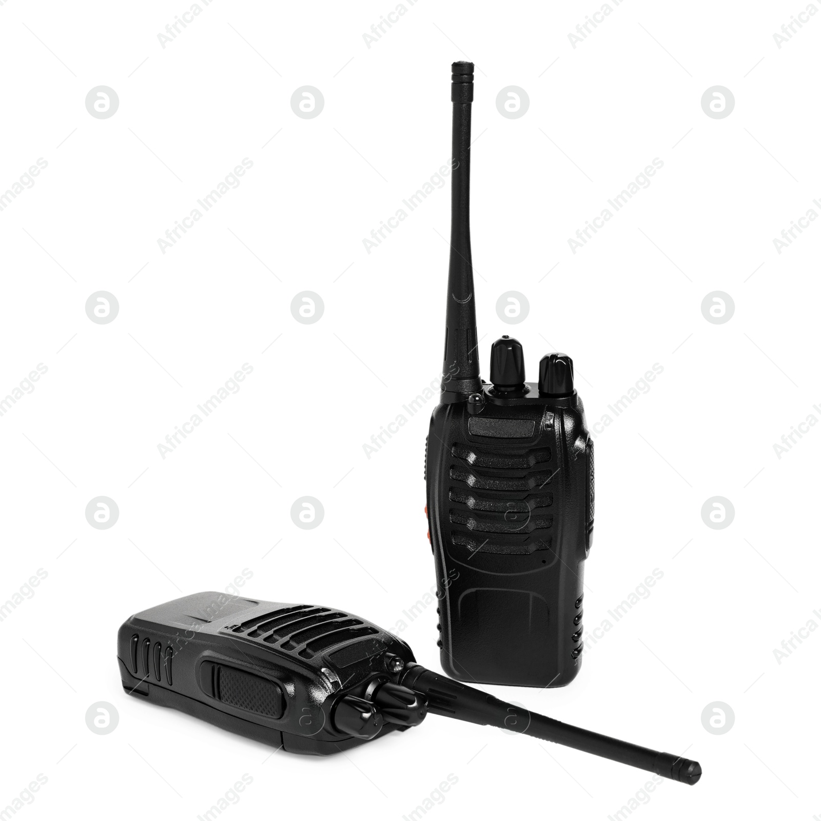 Photo of Two black walkie talkies isolated on white