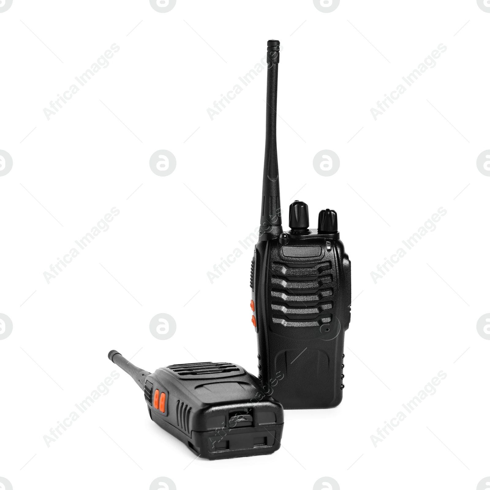 Photo of Two black walkie talkies on white background