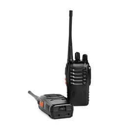 Photo of Two black walkie talkies on white background