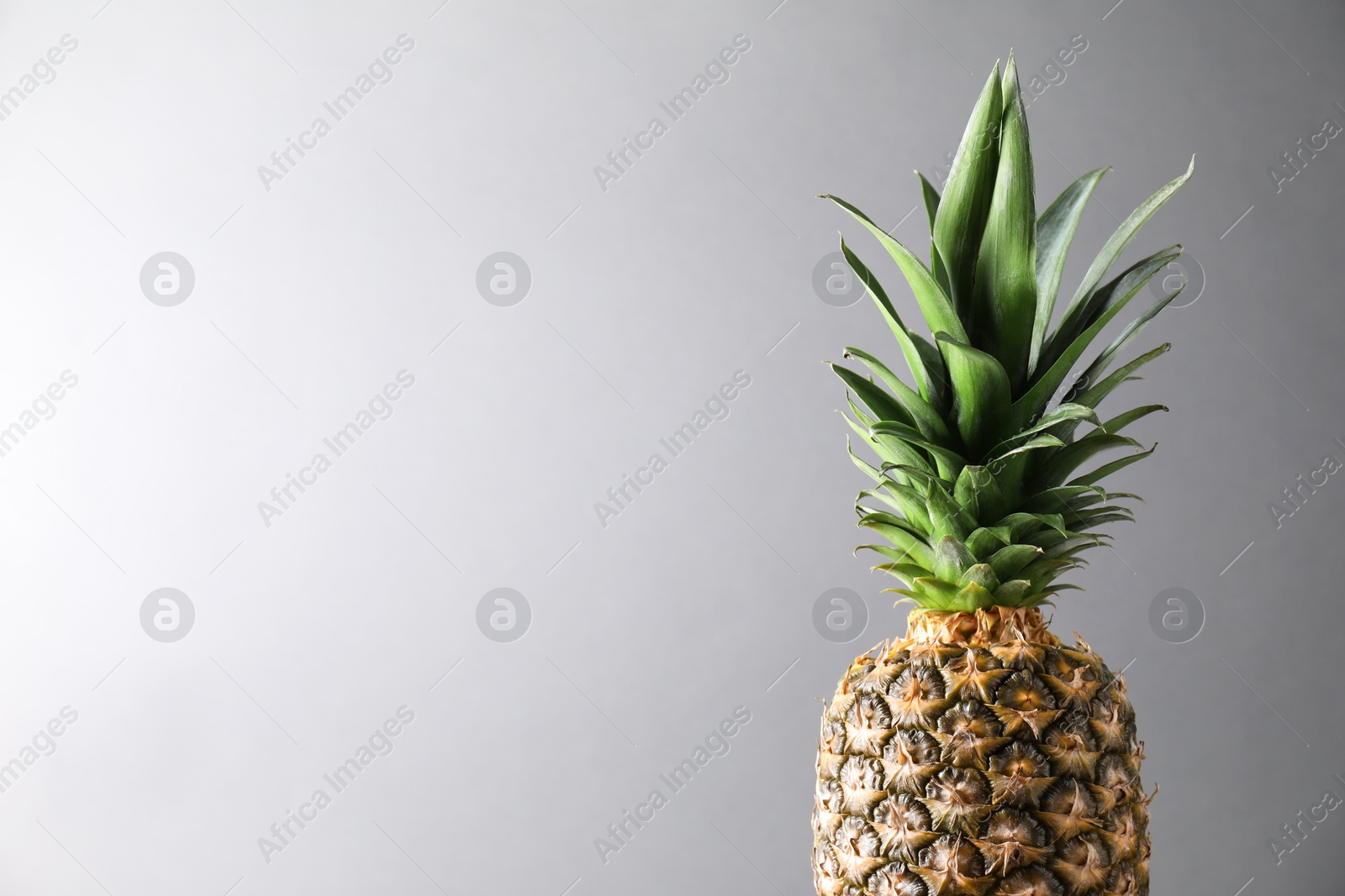 Photo of Fresh ripe pineapple on light grey background. Space for text