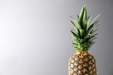 Photo of Fresh ripe pineapple on light grey background. Space for text