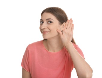 Photo of Woman showing hand to ear gesture on white background