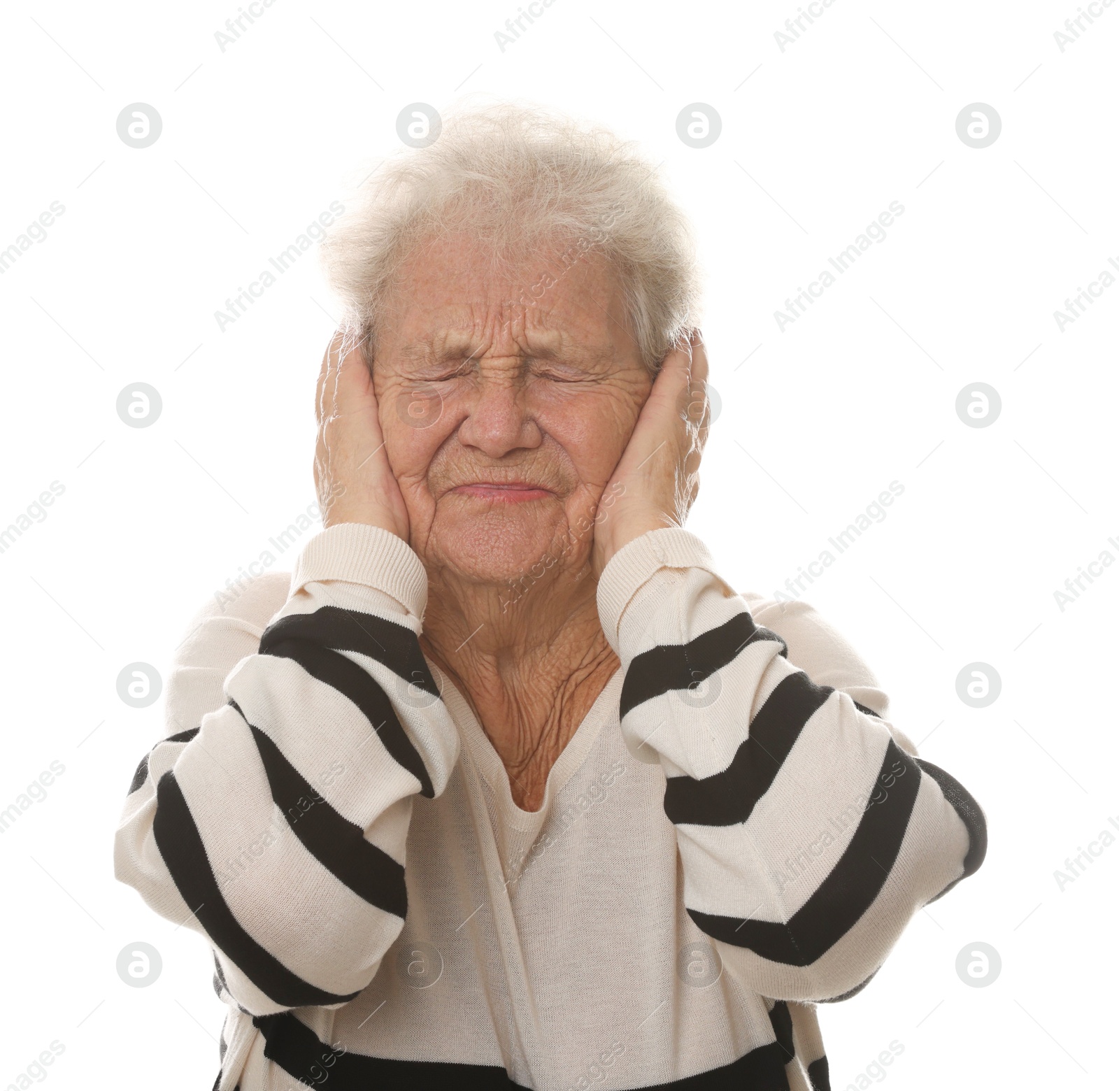 Photo of Senior woman covering her ears on white background