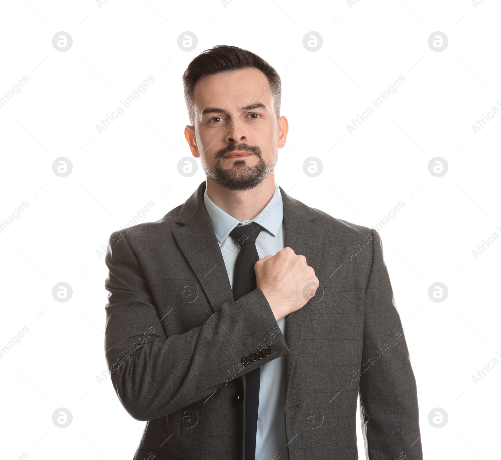 Photo of Man making promise on white background. Oath gesture