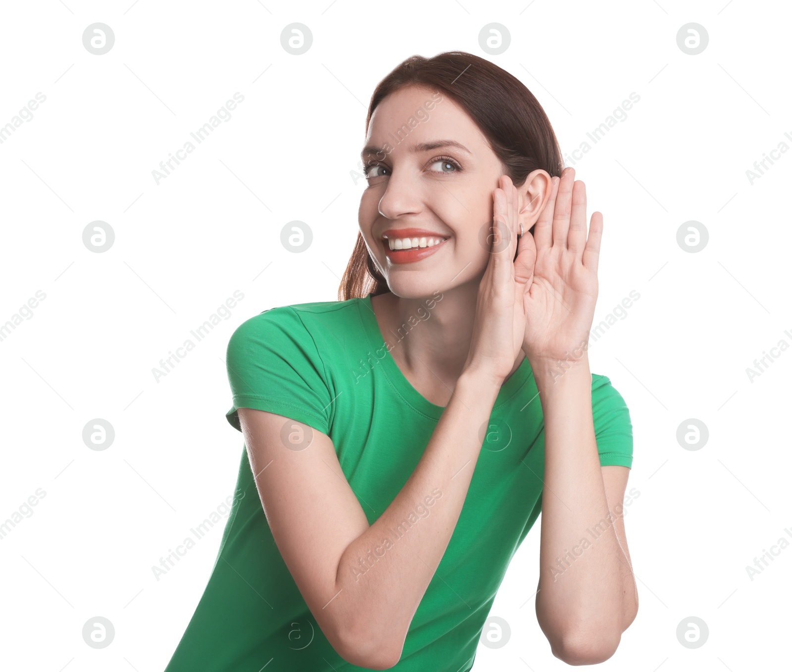 Photo of Woman showing hand to ear gesture on white background