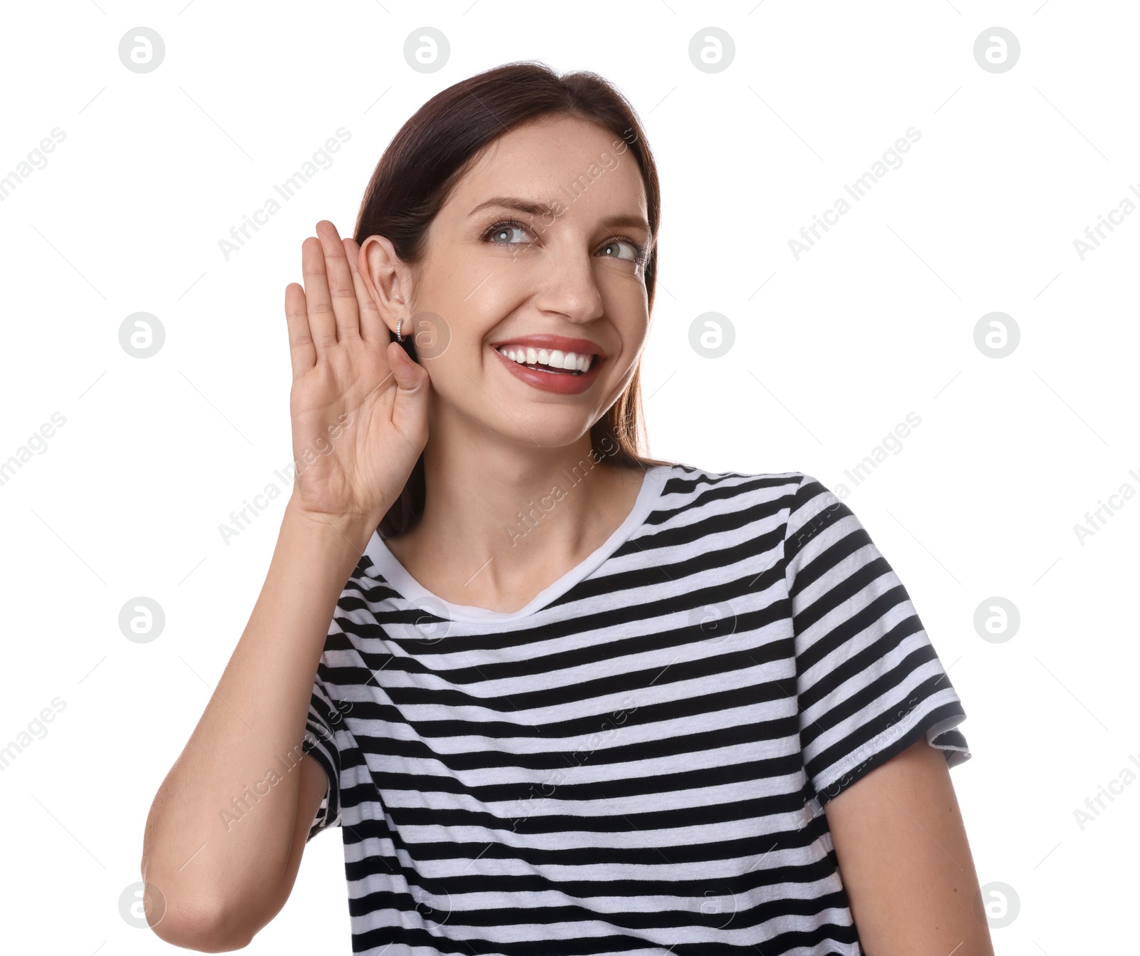 Photo of Woman showing hand to ear gesture on white background